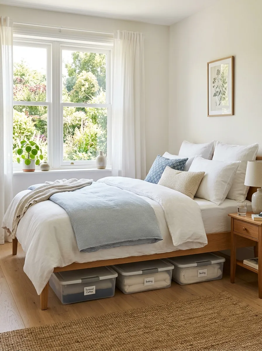 Real-life photo of a bedroom with a neatly made bed in front of window, slim storage bins visible under the bed frame, bright natural light, beautifully arranged bedding, organized and clean space, vibrant fresh tones, stock photography style