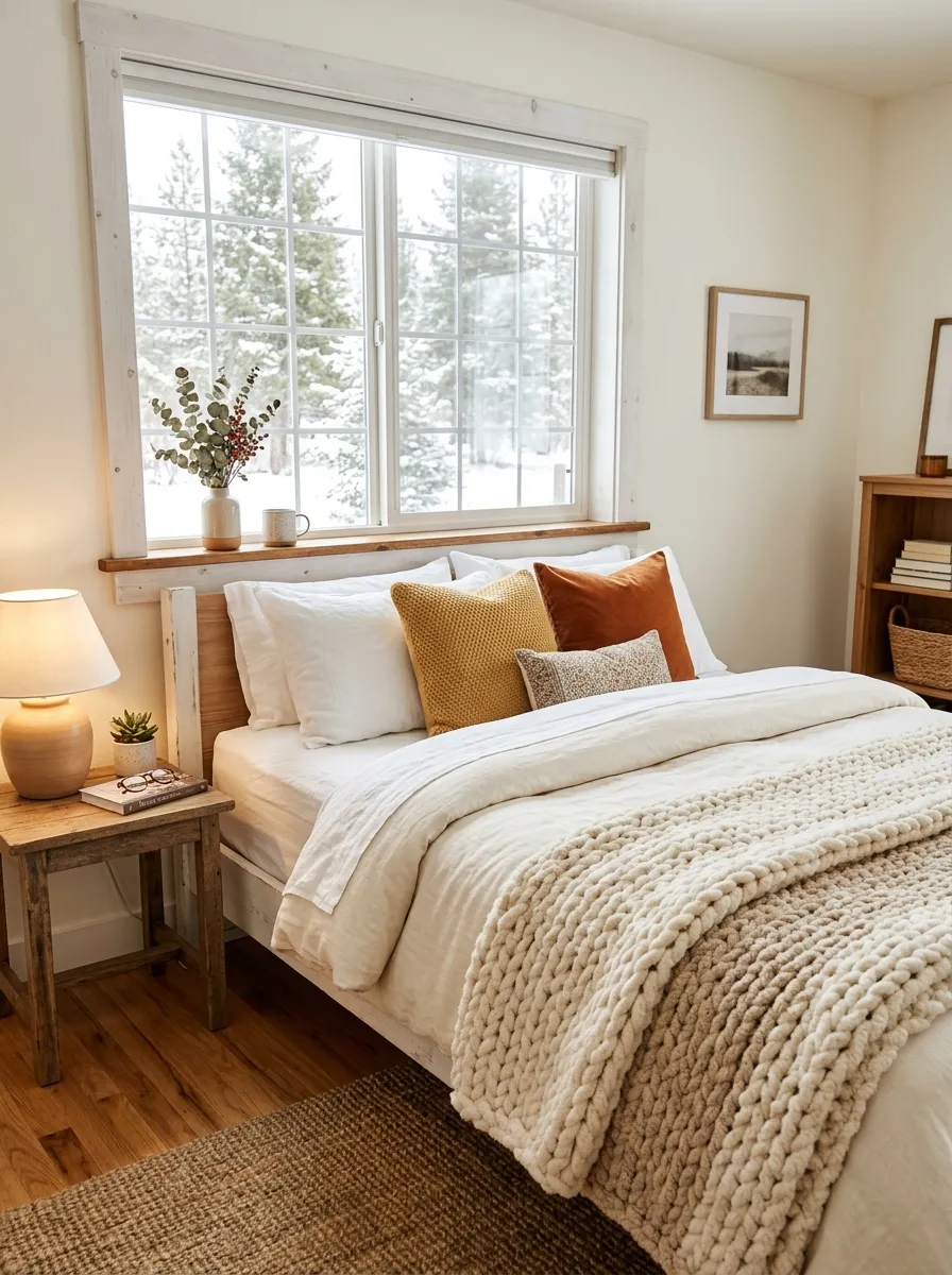 Real-life photo of a cozy bedroom with a neatly made bed in front of window, thick wool sherpa throw layered at the foot of the bed, bright natural light, beautifully arranged pillows, organized and clean space, vibrant warm winter tones, stock photography style