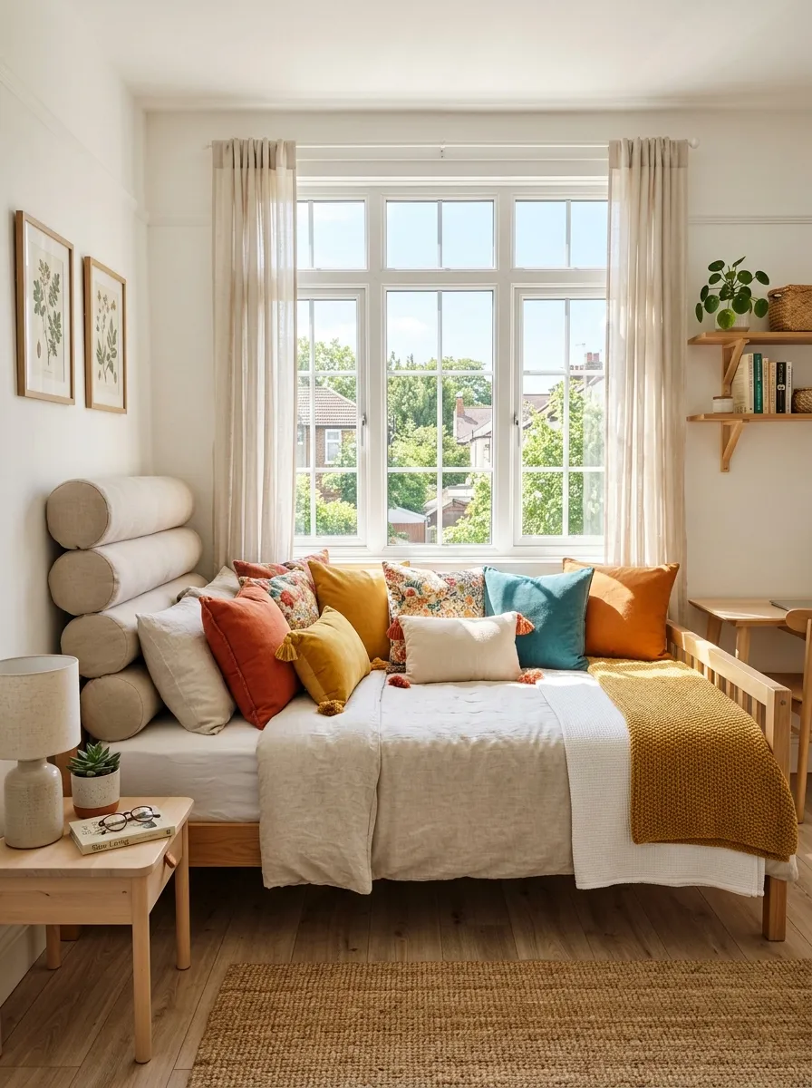Real-life photo of a studio bedroom with a neatly made daybed in front of window, bolster pillows stacked against the wall, bright natural light, beautifully arranged throw pillows, organized and clean space, vibrant cozy color palette, stock photography style