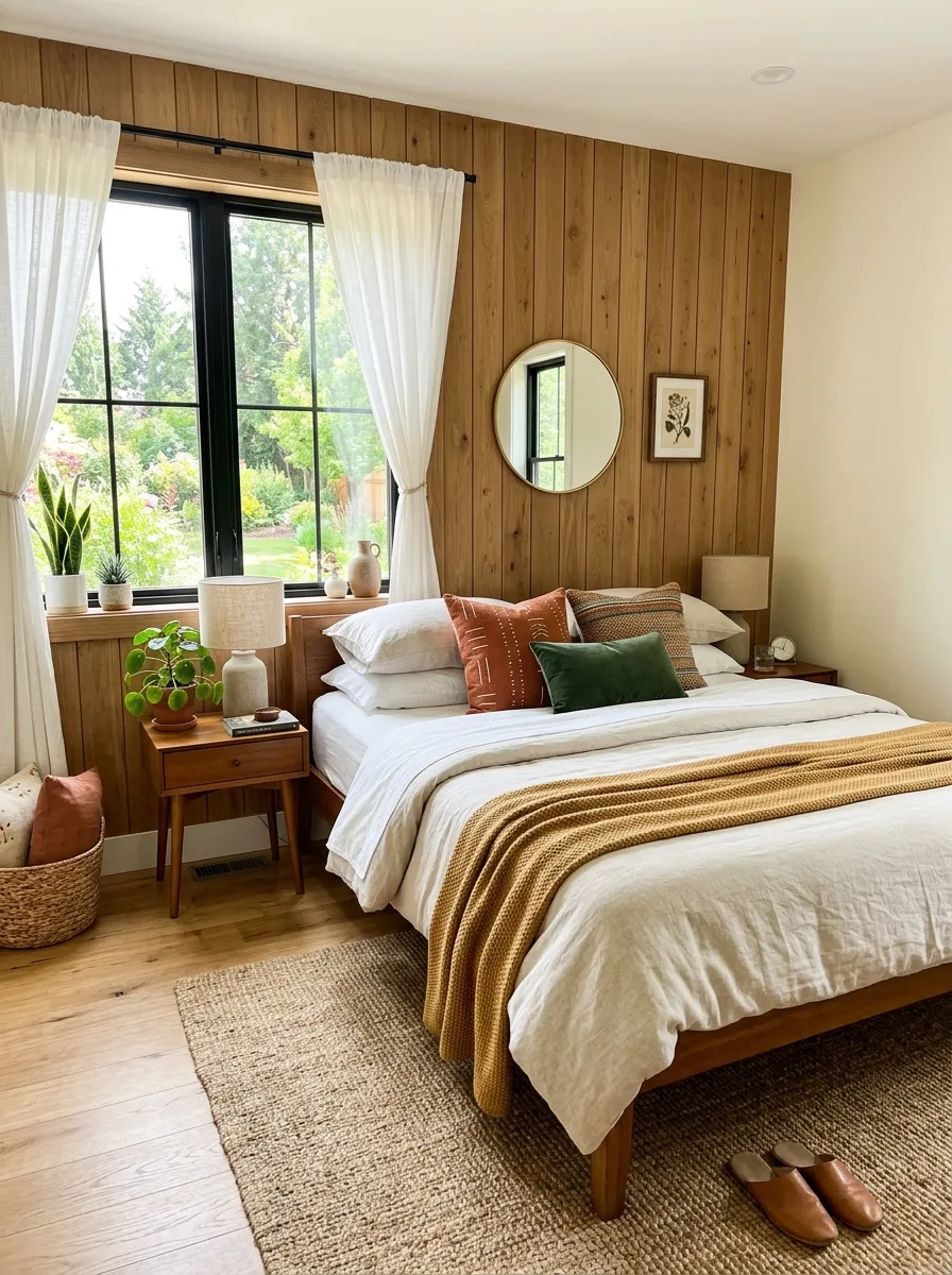 Real-life photo of a bedroom with vertical wood shiplap paneling behind a neatly made bed in front of window, warm wood tones, bright natural light, beautifully arranged bedding, organized and clean space, vibrant earthy accents, stock photography style