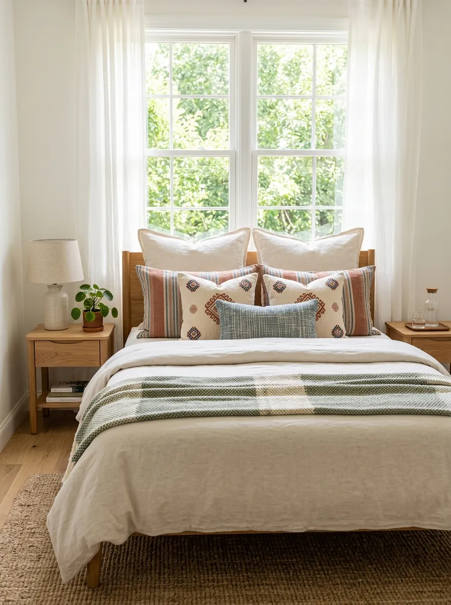 Real-life photo of a neatly made bed in front of window with graduated layered pillows from large to small, beautifully arranged coordinating fabrics, bright natural light, organized and clean space, vibrant textured tones, stock photography style