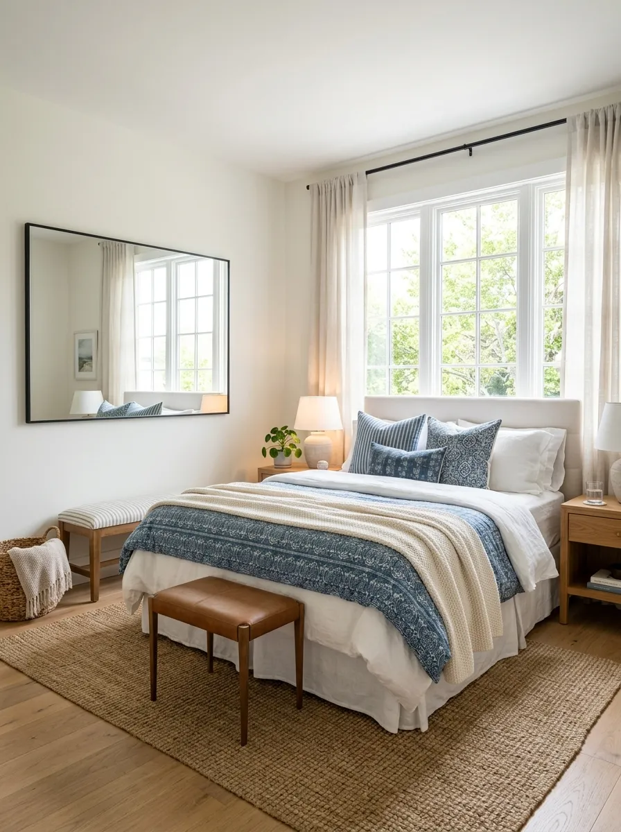 Real-life photo of a bedroom with a large slim-framed mirror opposite a neatly made bed in front of window, reflected bright natural light, beautifully arranged bedding, organized and clean space, vibrant airy tones, stock photography style