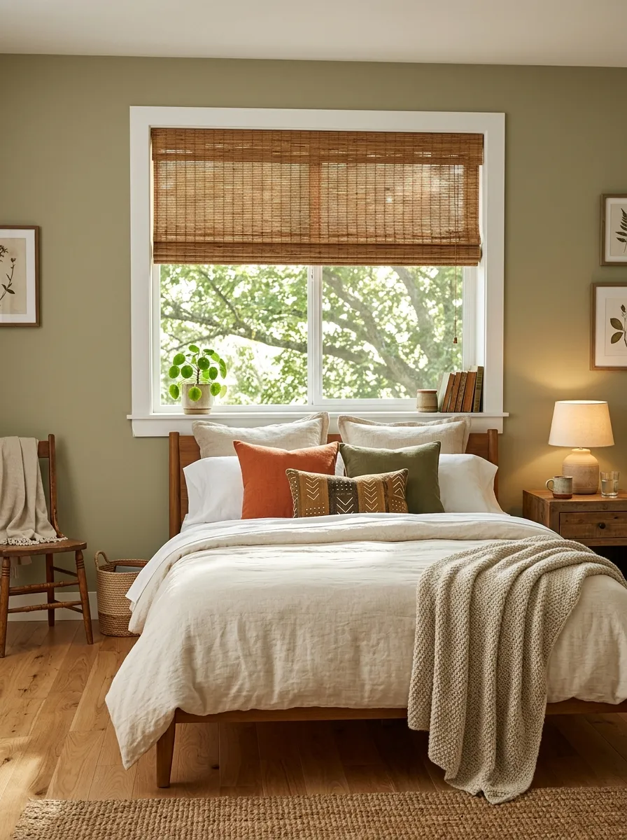 Real-life photo of a bedroom with woven wood blinds on a window above a neatly made bed in front of window, dappled warm natural light, beautifully arranged bedding, organized and clean space, vibrant earthy textures, stock photography style