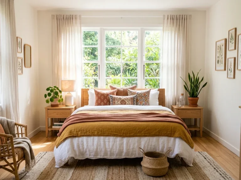 Real-life photo of a beautifully styled bedroom with a neatly made bed placed in front of a large window, soft sheer curtains, bright natural light flooding in, organized nightstands with plants and lamps, clean aesthetic, vibrant cozy color palette, Pinterest-style stock photography, wide shot