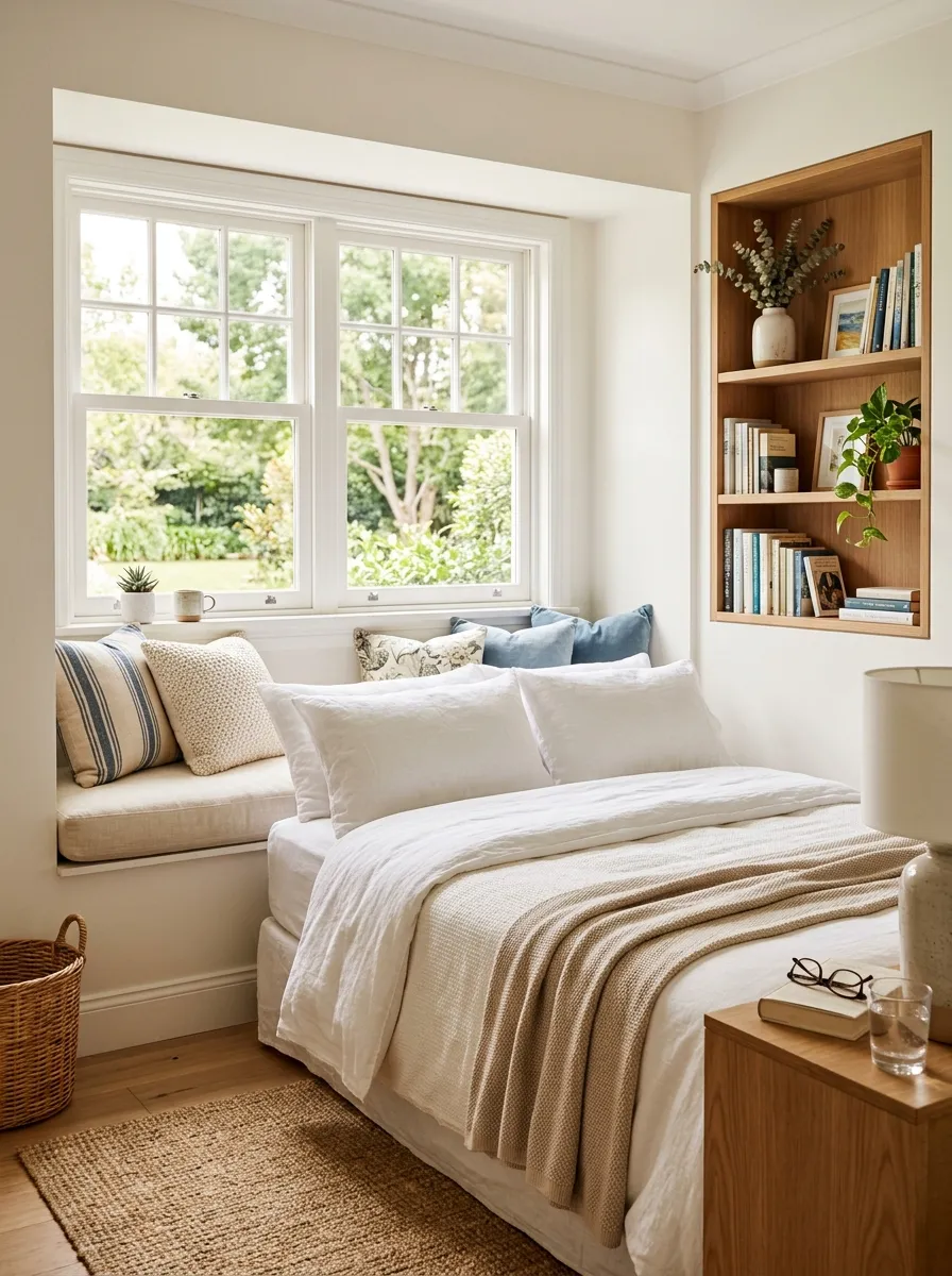 Real-life photo of a cozy bedroom nook with a built-in cushioned window seat bench serving as a headboard for a neatly made bed, soft cream cushions, beautifully arranged throw pillows, bright natural light, organized bookshelf nearby, clean and vibrant decor, stock photography style