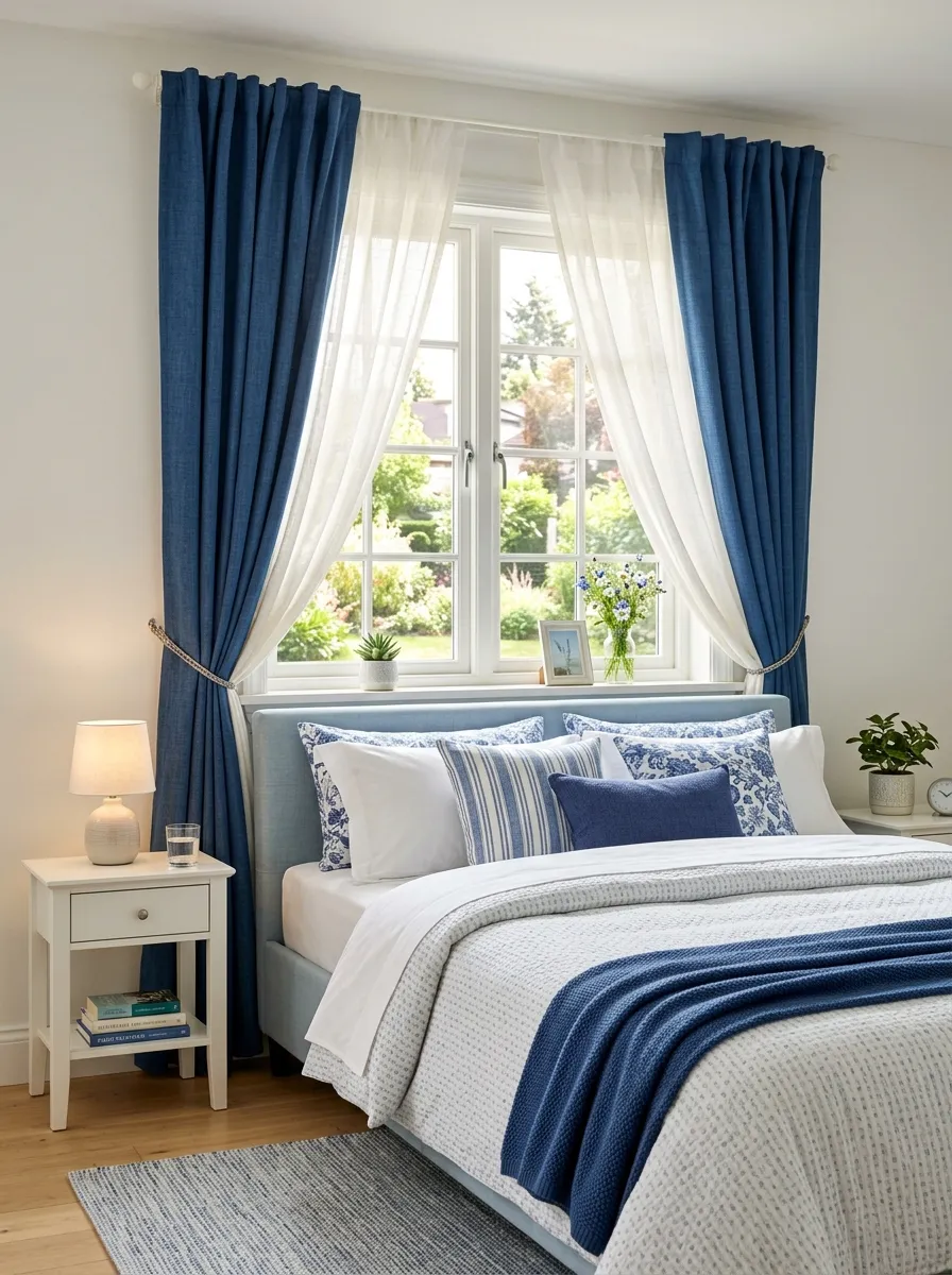 Real-life photo of a bedroom window with layered curtains, sheer white panel and thick blackout drape, neatly made bed in front of window, bright natural morning light, beautifully arranged bedding, organized and clean space, vibrant blue and white color palette, stock photography style