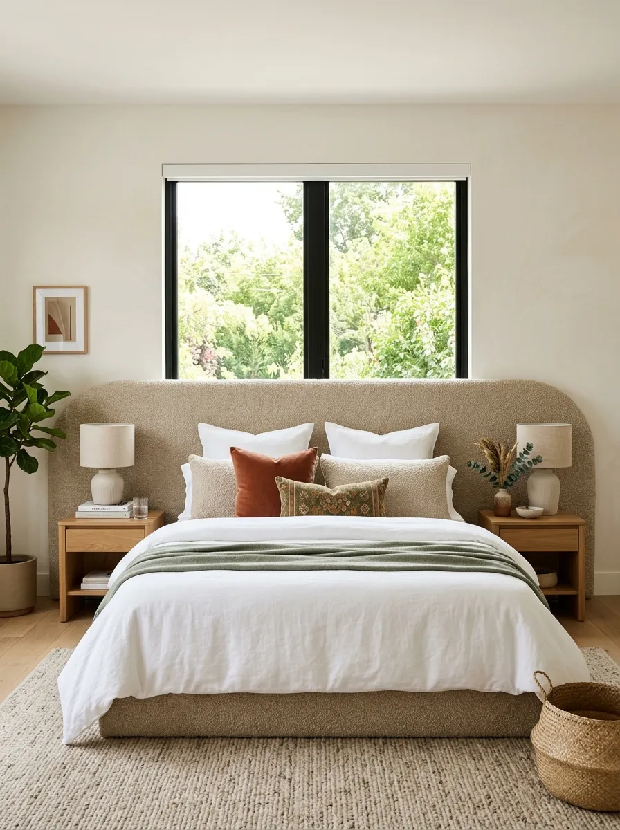 Real-life photo of a bedroom with an oversized boucle fabric headboard wider than the window, neatly made bed in front of window, beautifully arranged pillows, bright natural light, organized nightstands, clean minimalist styling, vibrant earthy tones, stock photography style