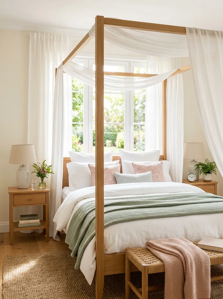 Real-life photo of a bedroom with a four-poster canopy bed neatly made in front of window, sheer linen drapery hanging from the frame, bright natural light, beautifully arranged bedding, organized nightstands, clean aesthetic, vibrant soft color palette, stock photography style