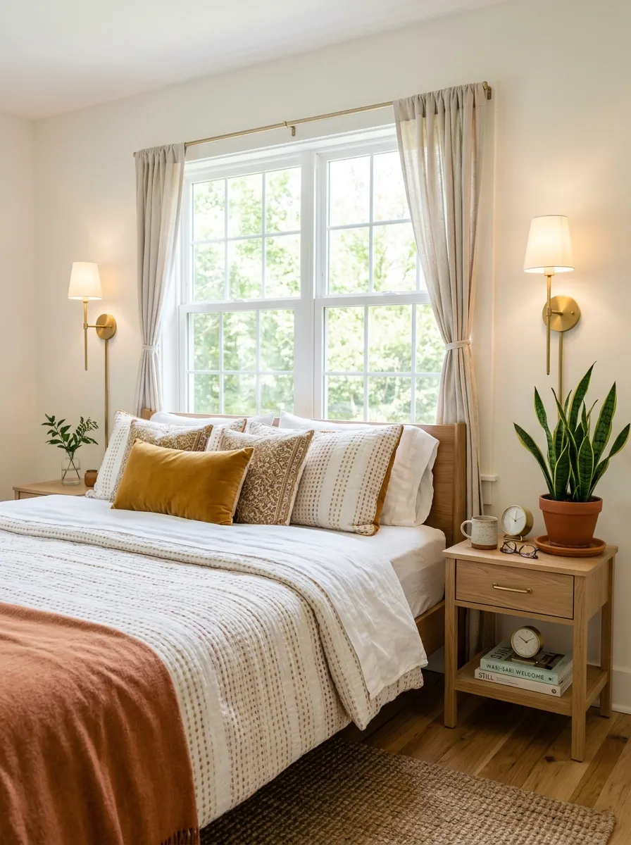 Real-life photo of a bedroom with wall-mounted sconces on either side of a neatly made bed in front of window, beautifully arranged small nightstand with a plant, bright natural light, organized and clean space, vibrant warm accents, stock photography style