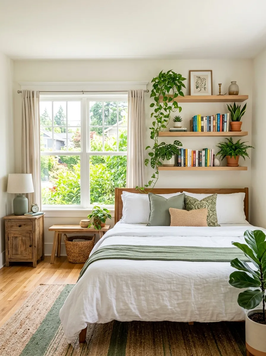 Real-life photo of a bedroom with floating wooden shelves above a neatly made bed in front of window, beautifully arranged books and small plants on shelves, bright natural light, organized and clean styling, vibrant green accents, stock photography style