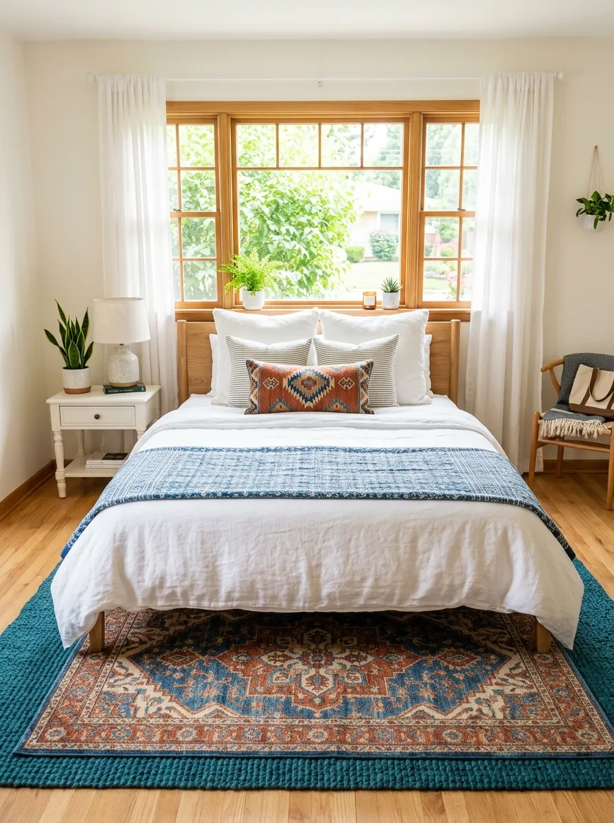 Real-life photo of a bedroom with a neatly made bed in front of window, layered textured rug at the foot of the bed, bright natural light, beautifully arranged bedding, organized and clean space, vibrant patterned rug colors, stock photography style