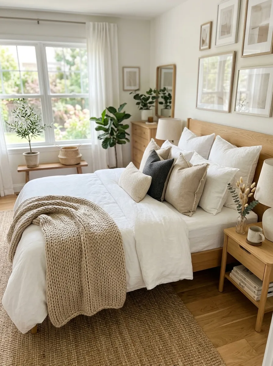 Image prompt: Real-life photograph of a neatly made bed with layered white linen bedding, a chunky beige knit throw, and soft neutral pillows, bright natural light streaming through a nearby window, clean and beautifully arranged bedroom, organized nightstand, cozy and inviting atmosphere, shot on a DSLR camera, shallow depth of field, Pinterest-style home decor photography.