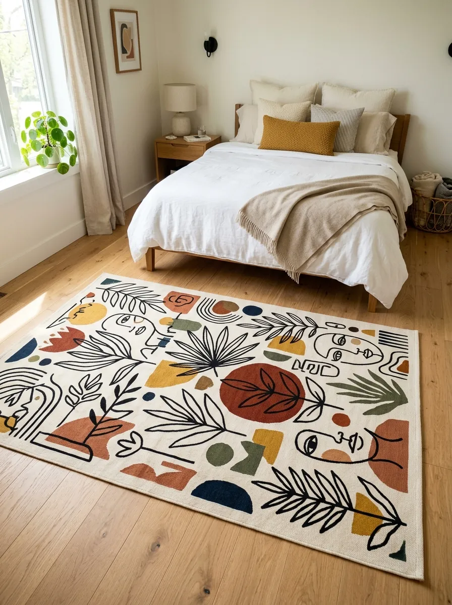 Image prompt: Real-life photograph of a clean, organized bedroom floor featuring a beautifully arranged illustrated statement rug with bold line-art pattern, neatly made bed visible above, bright natural light streaming across the floor, vibrant rug colors popping against neutral flooring, realistic Pinterest-style home photography, no people.