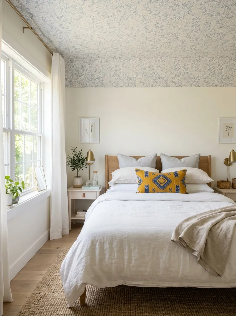 Image prompt: Real-life photograph of a bright bedroom with a softly wallpapered ceiling in a subtle pattern, neatly made bed below with clean neutral bedding, bright natural light from a window, beautifully arranged and organized space, vibrant accent pillow for contrast, realistic interior photography, Pinterest-style composition, no people.