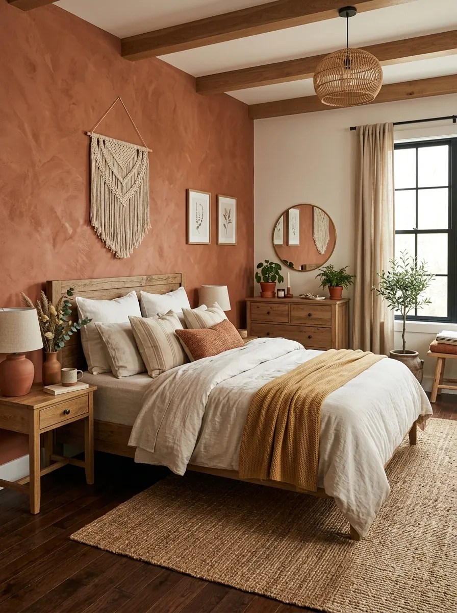 Image prompt: Real-life photograph of a warm earthy bedroom with clay and terracotta tones on the walls, beautifully arranged neutral bedding, natural wood furniture, bright natural light, clean and organized styling, vibrant warm color palette, cozy grounded atmosphere, realistic Pinterest-style home photography, no people.