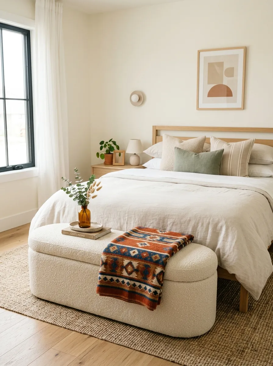 Image prompt: Real-life photograph of a neatly made bed with a beautifully arranged bouclé ottoman bench at the foot, soft neutral tones, bright natural light streaming in, clean and organized bedroom, folded throw blanket on the ottoman, vibrant textile accent, realistic Pinterest-worthy interior photography, no people.