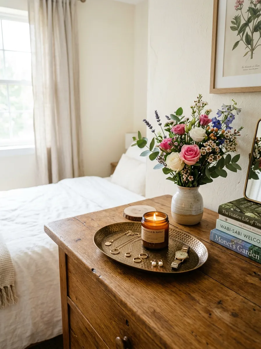 Image prompt: Real-life photograph of a beautifully arranged wooden dresser top with a curated bronze trinket tray holding jewelry and a small candle, bright natural light, clean and organized bedroom surface, vibrant flowers in a small vase nearby, realistic Pinterest-style home photography, no people.