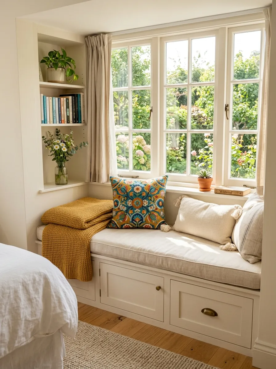 Image prompt: Real-life photograph of a cozy window seat with a beautifully arranged cushion and folded throw blanket, built-in storage bench below, bright natural light pouring through the window, clean and organized small bedroom nook, vibrant accent pillow, realistic Pinterest-worthy interior photography, no people.