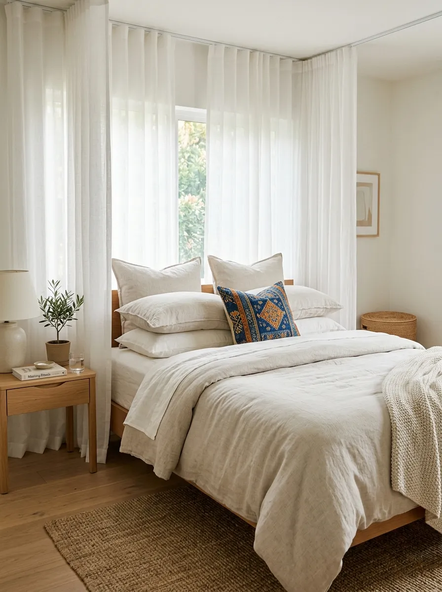 Image prompt: Real-life photograph of a neatly made bed framed by soft sheer linen curtains hung from the ceiling, bright natural light filtering through the fabric, beautifully arranged neutral bedding, clean and organized bedroom, vibrant accent pillow, dreamy soft atmosphere, realistic Pinterest-style interior photography, no people.
