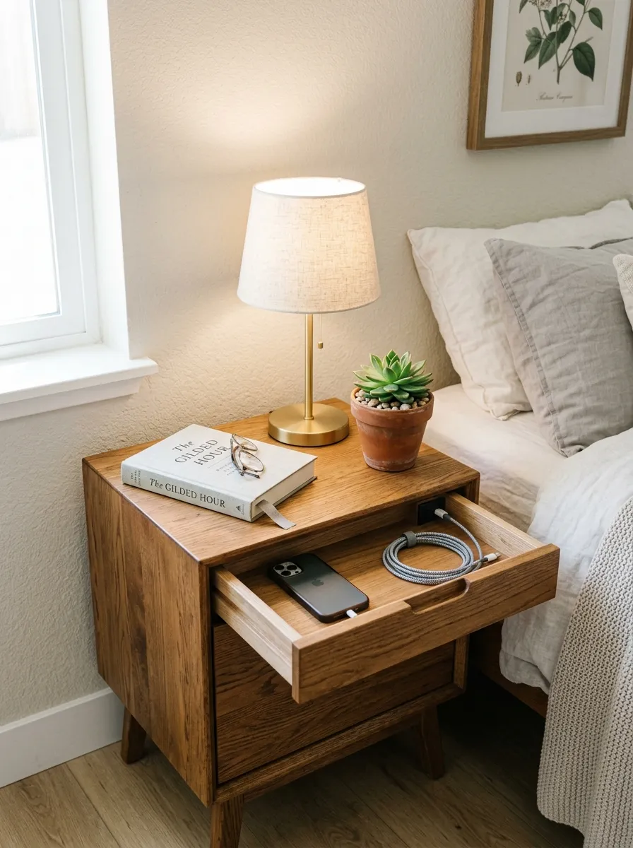 Image prompt: Real-life photograph of a beautifully arranged wooden nightstand with a hidden charging tray, neatly coiled cord, small lamp, and a folded book, bright natural light, clean and organized bedroom surface, vibrant small plant accent, realistic Pinterest-worthy home photography, no people.