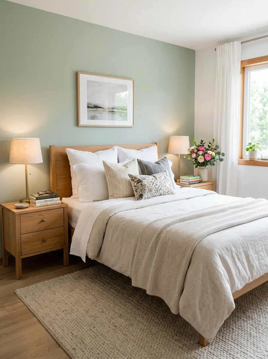 Image prompt: Real-life photograph of two matching wooden nightstands on either side of a neatly made bed, each beautifully arranged with a lamp and small book stack, bright natural light, clean and organized symmetrical bedroom, vibrant flowers on one nightstand, realistic Pinterest-style photography, no people.