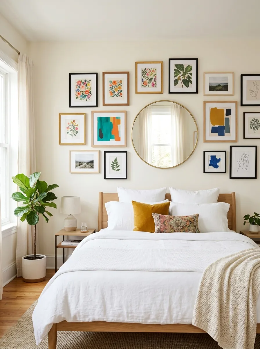 Image prompt: Real-life photograph of a beautifully arranged gallery wall with mixed art frames and one round mirror above a neatly made bed, bright natural light bouncing off the mirror, clean and organized bedroom wall, vibrant framed artwork accents, realistic Pinterest-worthy interior photography, no people.