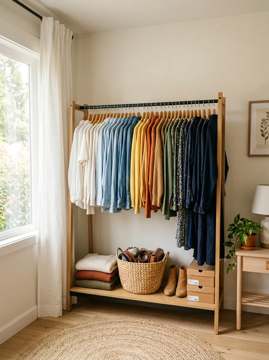 Image prompt: Real-life photograph of a beautifully arranged open wardrobe rack with clothes grouped by color, a woven basket for accessories below, bright natural light, clean and organized small bedroom corner, vibrant clothing colors popping against neutral walls, realistic Pinterest-style photography, no people.