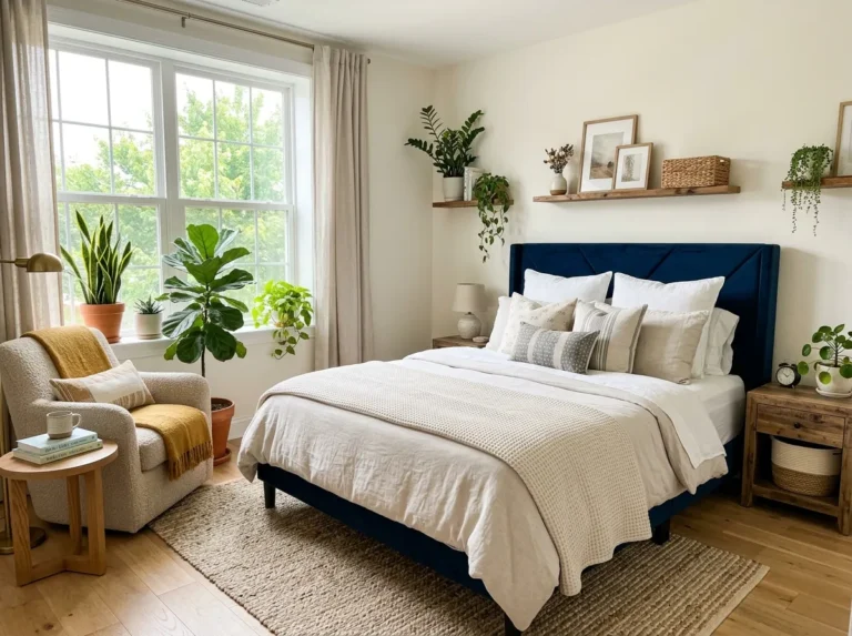 Featured image prompt: Real-life photograph of a beautifully arranged, neatly made bedroom with layered neutral bedding, a bold headboard, a small reading nook, and vibrant potted plants, bright natural light flooding through a large window, clean and organized styling, warm and inviting atmosphere, realistic interior photography, Pinterest-worthy wide shot, no people visible.