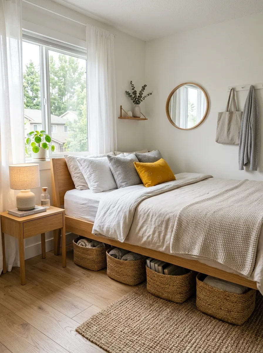 Image prompt: Real-life photograph of a small, neatly organized bedroom with woven storage baskets tucked under a beautifully made bed, clean floor space, bright natural light from a window, minimal and clutter-free styling, soft neutral tones with one vibrant accent color, Pinterest-style interior photography, realistic home setting.
