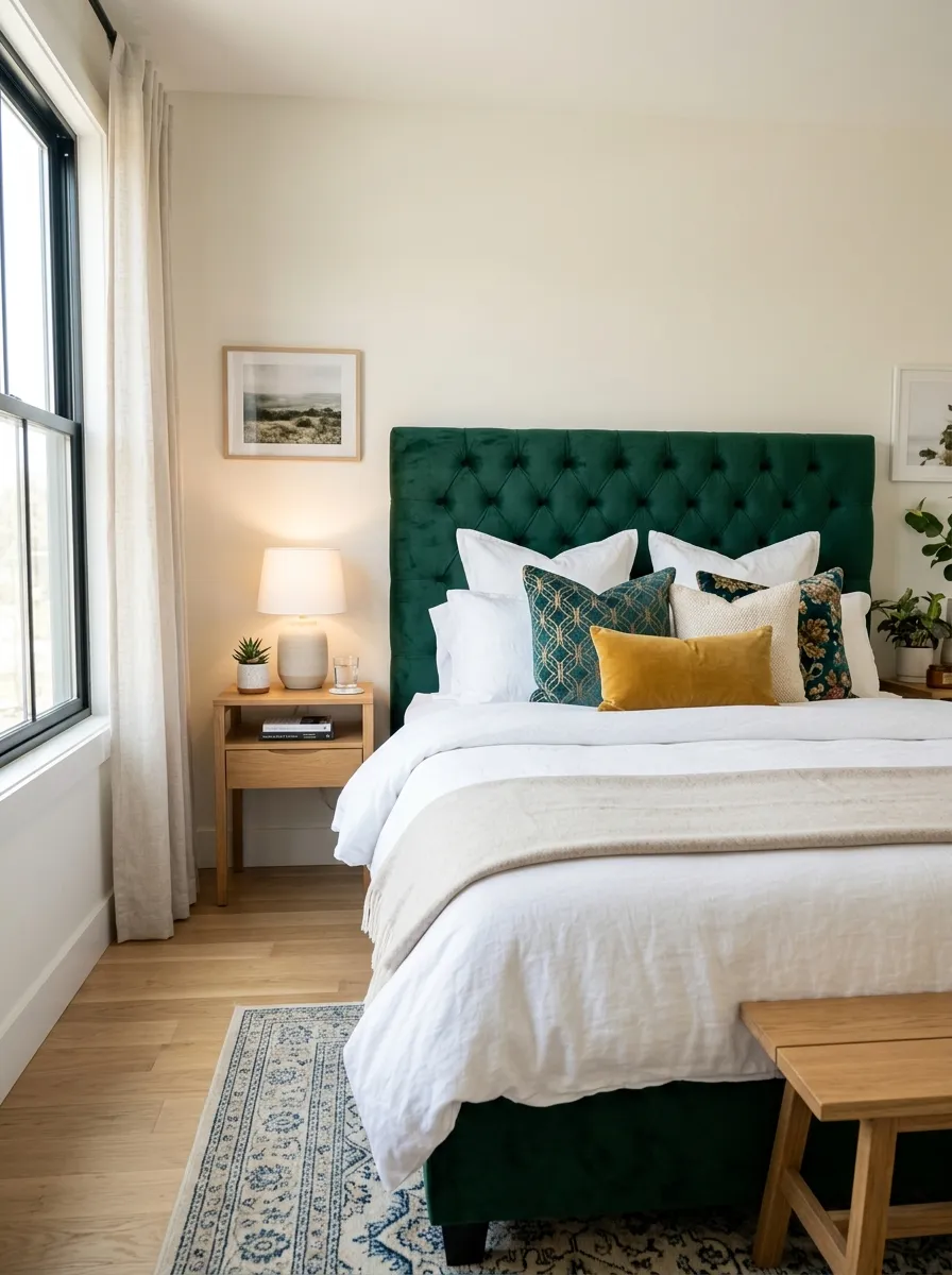 Image prompt: Real-life photograph of a neatly made bed with a bold tufted velvet headboard in a rich jewel tone, beautifully arranged pillows, bright natural light casting soft shadows, clean and organized bedroom, vibrant color contrast against neutral walls, realistic home photography, Pinterest-ready composition, no people.