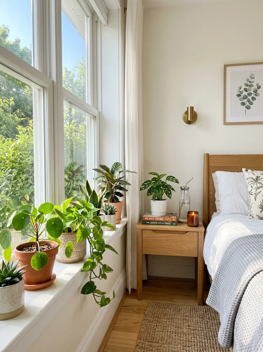 Image prompt: Real-life photograph of a bright bedroom corner with beautifully arranged potted plants on a windowsill and wooden nightstand, vibrant green leaves against neutral bedroom decor, bright natural light, clean and organized space, neatly made bed visible in background, realistic Pinterest-style home photography, fresh and airy mood.