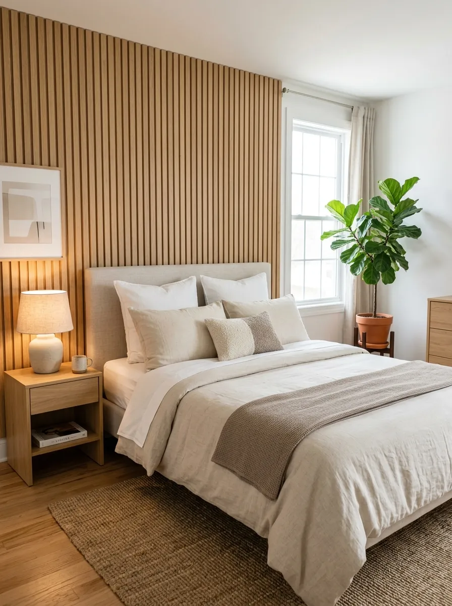 Image prompt: Real-life photograph of a neatly made bed set against a vertical light oak wood slat accent wall, beautifully arranged neutral bedding, bright natural light from a side window, clean and organized bedroom, warm wood tones with vibrant green plant accent, realistic interior photography, Pinterest-style composition, no people.