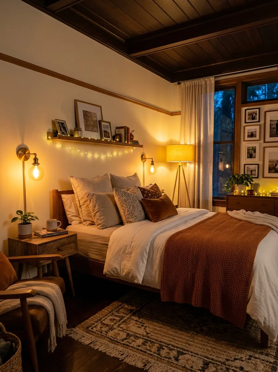 Image prompt: Real-life photograph of a cozy bedroom in the evening with warm layered lighting, a beautifully arranged floor lamp beside a neatly made bed, soft bedside sconces glowing, subtle string lights along a shelf, bright golden ambient light, clean and organized styling, vibrant warm tones, realistic Pinterest-style home photography.
