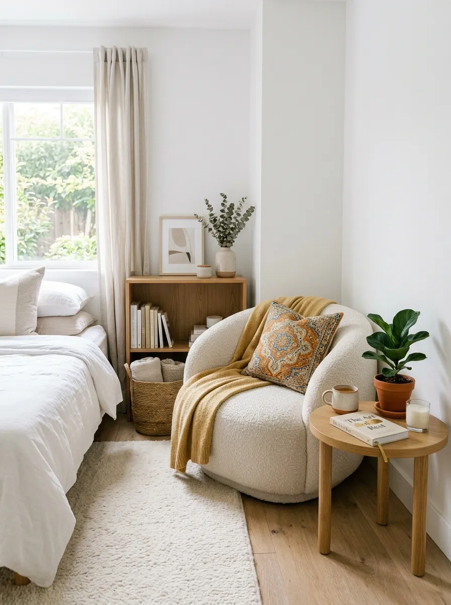 Image prompt: Real-life photograph of a beautifully arranged curved bubble accent chair in a corner of a bright, clean bedroom, soft neutral upholstery, small round side table nearby, bright natural light from a window, organized and neatly styled space, vibrant textile accent, realistic Pinterest-worthy interior photography, no people.