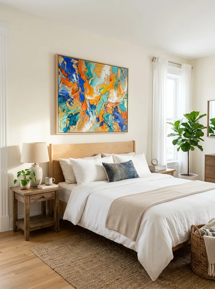Image prompt: Real-life photograph of a neatly made bed with one large abstract textured art piece hanging above the headboard, clean neutral bedding, bright natural light, beautifully arranged and organized bedroom, vibrant accent colors in the artwork against a soft wall, realistic interior photography, Pinterest-style composition, no people.