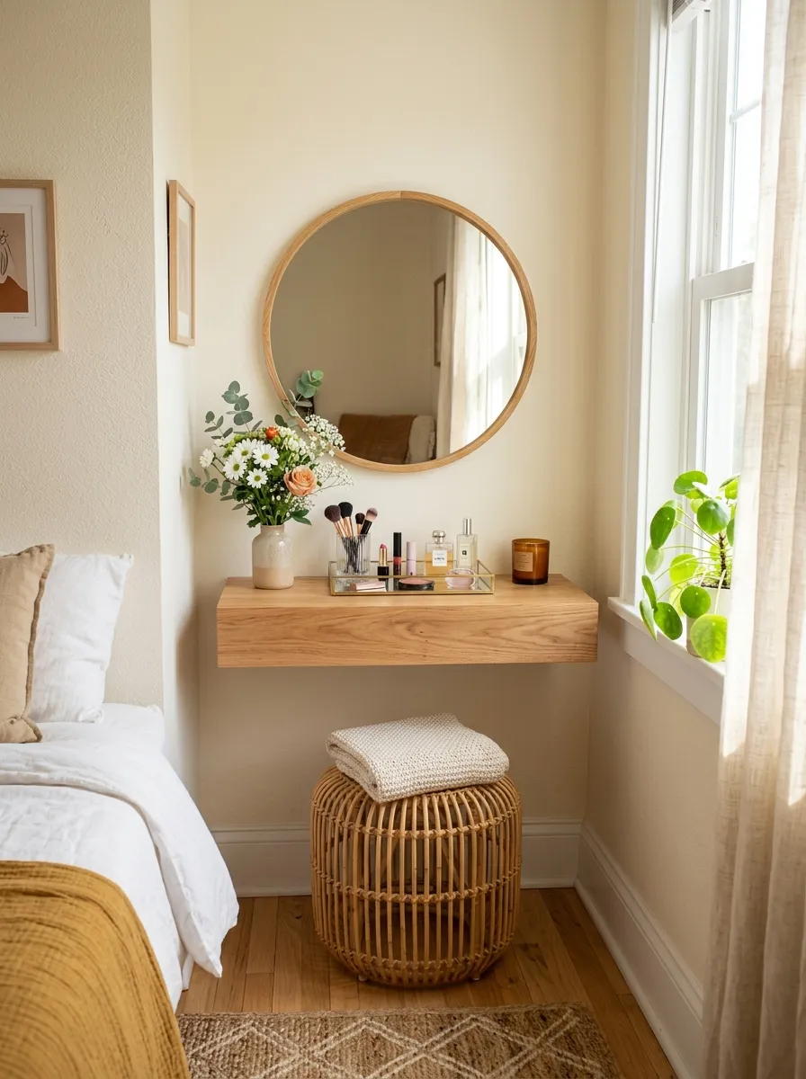 A neatly made small bedroom corner featuring a floating wood vanity shelf with a round wall mirror above it, beautifully arranged makeup items and a small vase of flowers, a woven stool tucked underneath, soft bright natural light streaming through a nearby window, clean and organized, real-life photography style, vibrant warm tones.
