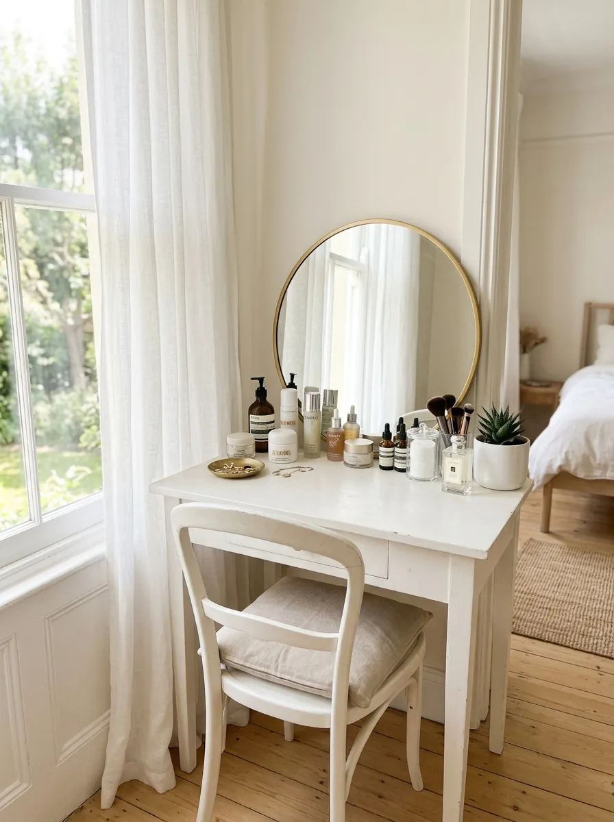 A neatly made bedroom vanity table positioned beside a large window with sheer curtains, beautifully arranged mirror and skincare items on the table catching soft daylight, a small chair tucked in, bright natural light flooding the space, clean and organized, real-life photography style, vibrant natural tones.
