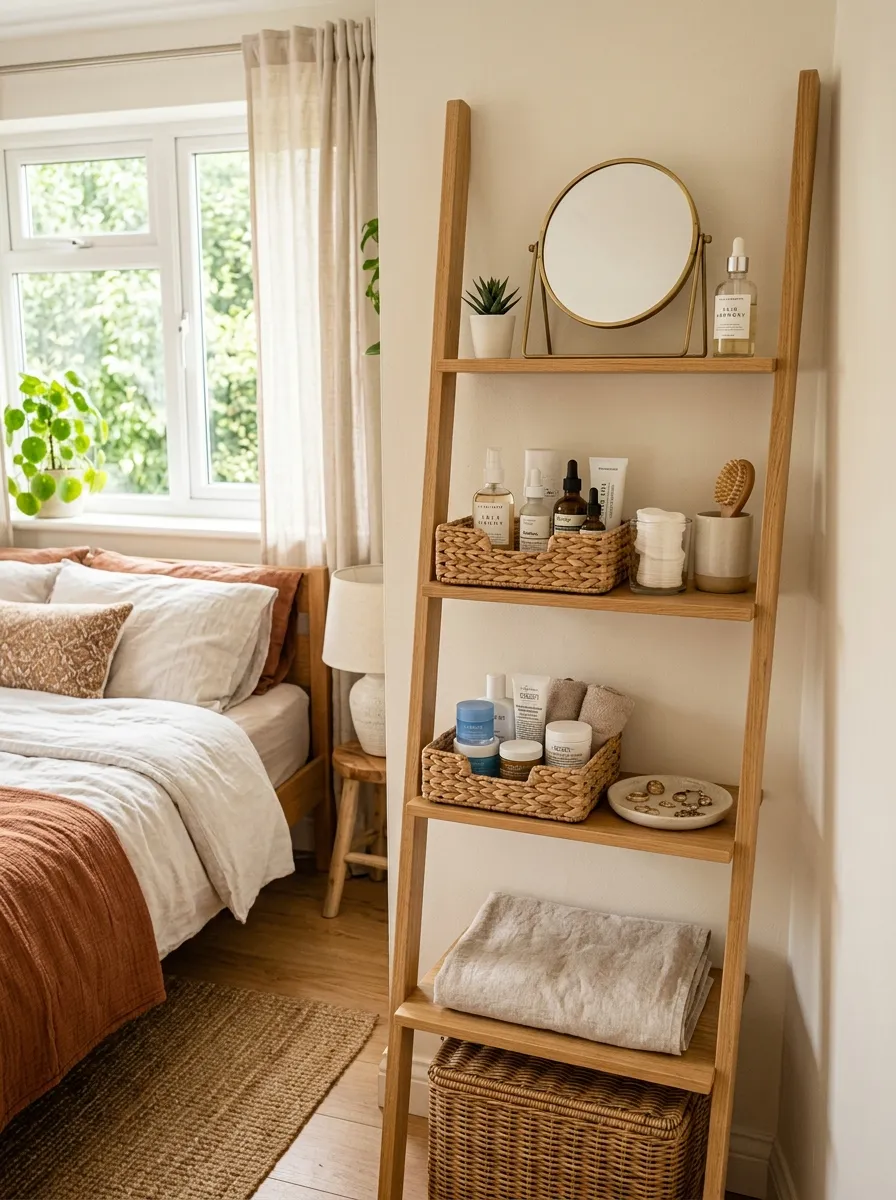 A neatly made bedroom corner with a slim wooden ladder shelf used as a vanity, a small round mirror propped on the top rung, beautifully arranged skincare baskets on middle shelves, bright natural light from a nearby window, clean and organized, real-life photography style, vibrant warm tones.