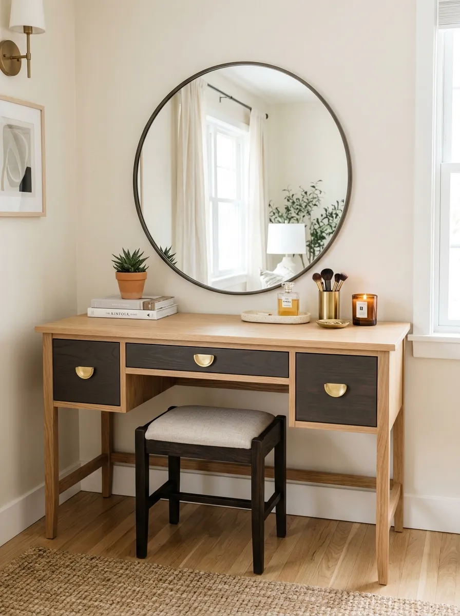 A neatly made two-toned bedroom vanity table with a light wood top and dark drawer fronts, brass handles, a round mirror and small tray on top beautifully arranged, soft neutral wall behind, bright natural light, clean and organized space, real-life photography style, vibrant contrast tones.