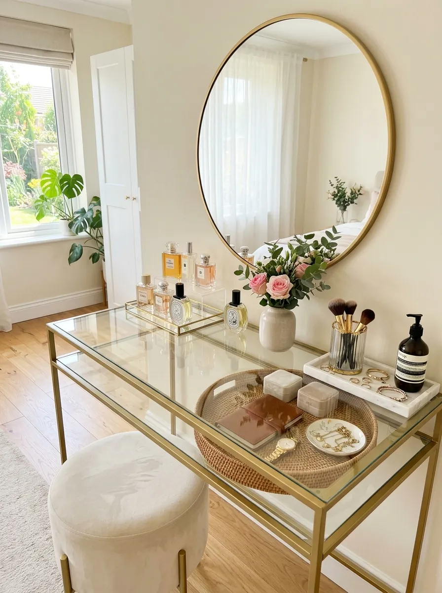 A neatly made bedroom vanity with a glass tabletop and slim gold metal legs, a round mirror and beautifully arranged perfume bottles on top, a woven tray with hidden items visible beneath the glass, bright natural light reflecting off the glass, clean and organized, real-life photography style, vibrant tones.
