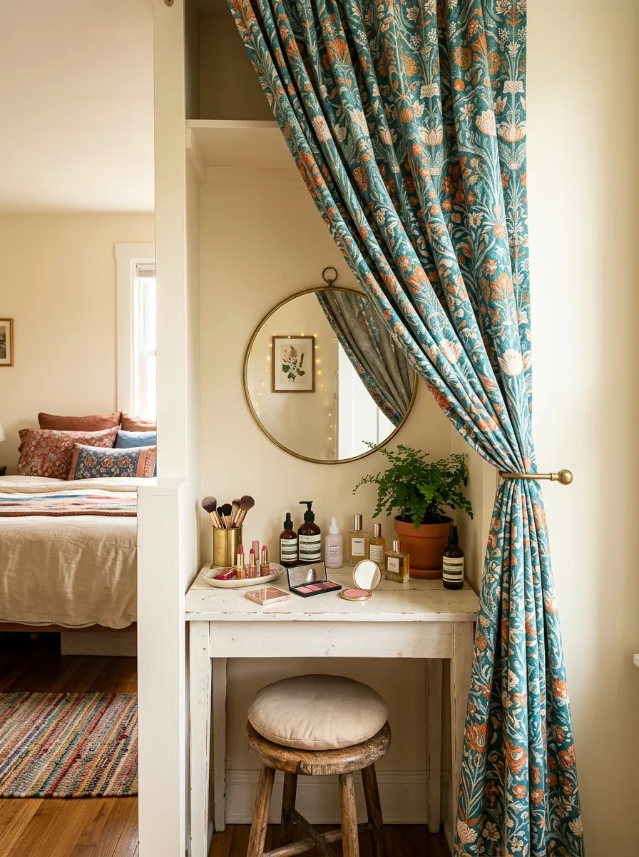 A neatly made bedroom alcove with a soft curtain pulled halfway open revealing a small vanity table and mirror inside, beautifully arranged makeup and skincare items on the table, bright natural light spilling into the nook, clean and organized, real-life photography style, vibrant fabric colors.