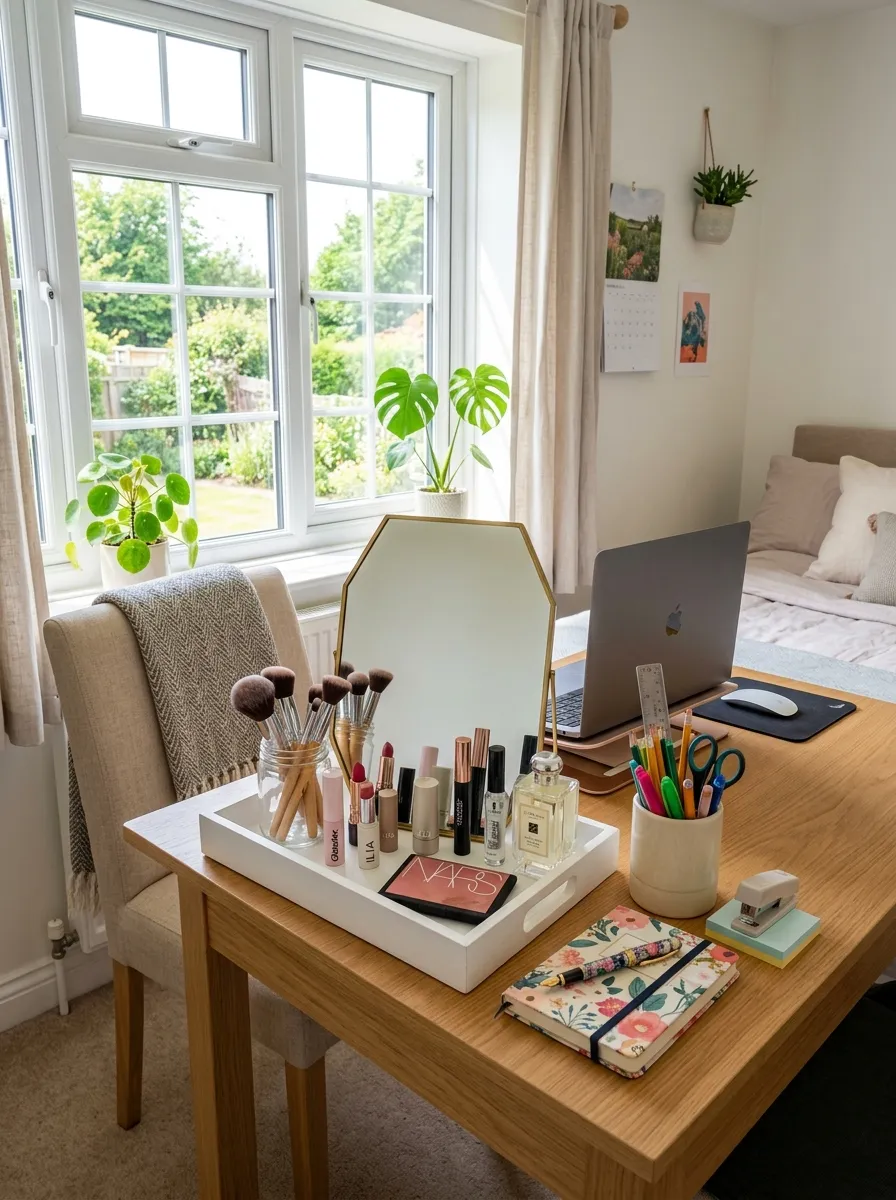 A neatly made bedroom desk-vanity combo with a laptop pushed aside and a portable mirror tray pulled out, beautifully arranged makeup items next to office supplies, bright natural light from a window, clean and organized workspace, real-life photography style, vibrant fresh color palette.