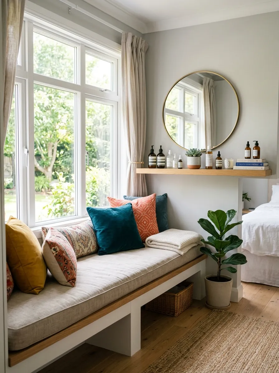 A neatly made bedroom window bench with a cushioned seat and a floating shelf above holding a round mirror, beautifully arranged skincare bottles on the shelf, soft natural light pouring through the window, clean and organized space, real-life photography style, vibrant cushion colors.