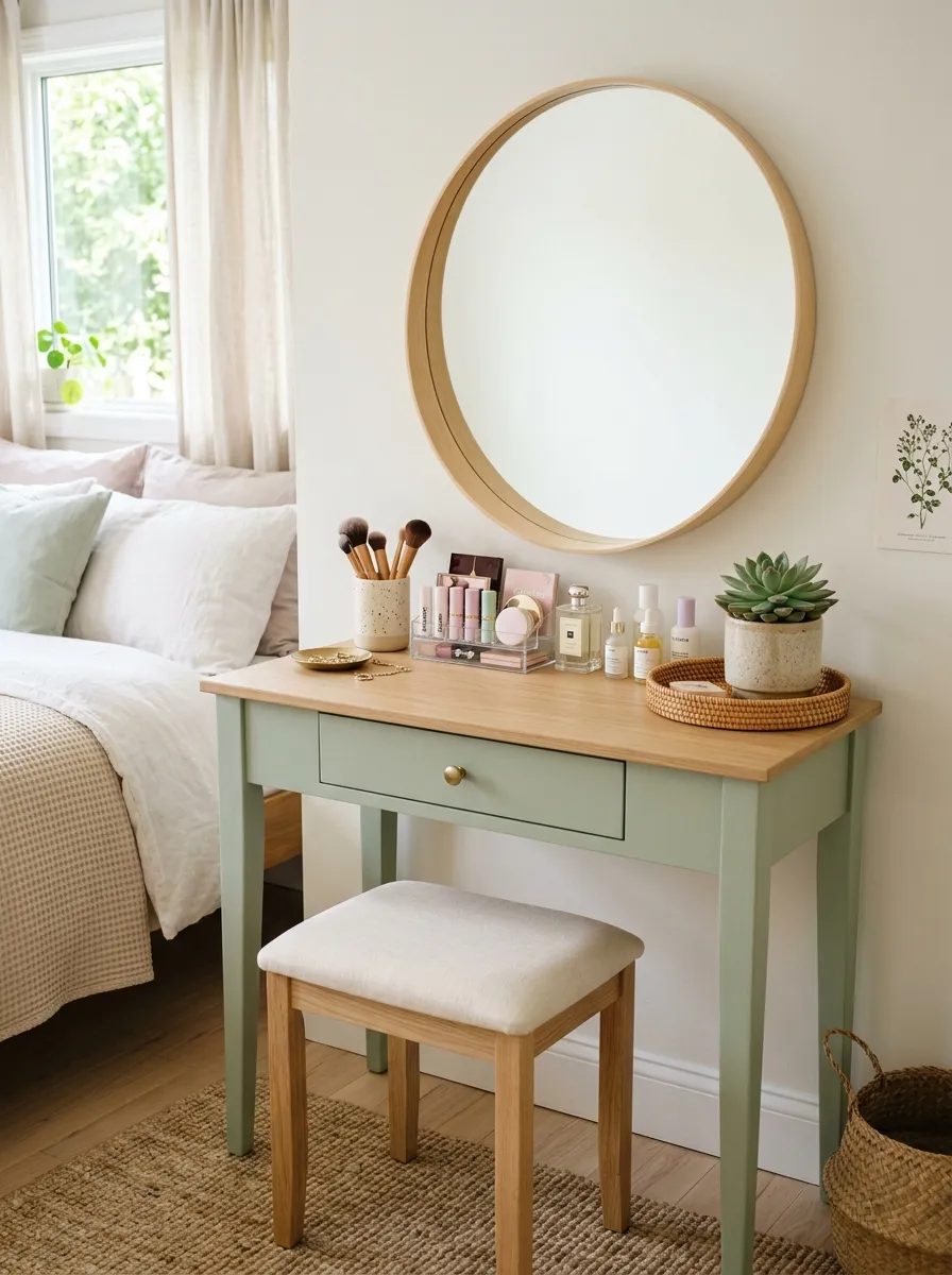 A neatly made pastel sage green bedroom vanity table with a neutral round mirror, beautifully arranged makeup and a small plant on top, a plain cushioned stool tucked underneath, bright natural light, clean and organized composition, real-life photography style, vibrant pastel accents.