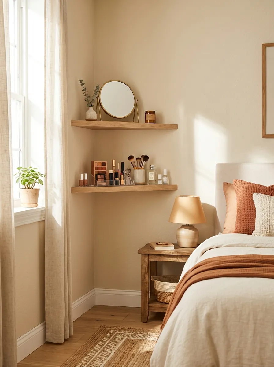 A neatly made bedroom corner with two triangular wall-mounted shelves, a small round mirror on the top shelf and beautifully arranged makeup tray on the lower one, bright natural light filling the corner, clean and organized composition, real-life photography style, vibrant warm tones.