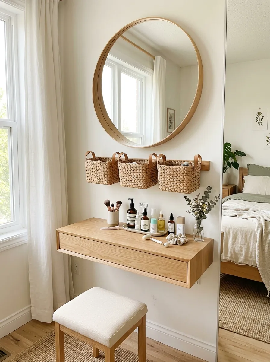 A neatly made bedroom wall vanity with a row of matching woven baskets mounted above a slim table, a round mirror centered above the baskets, beautifully arranged skincare items on the table, bright natural light, clean and organized, real-life photography style, vibrant natural tones.