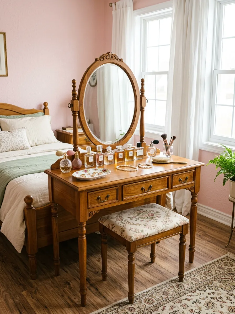 A neatly made vintage-style wooden dressing table with an oval mirror, beautifully arranged perfume bottles and a small jewelry tray on top, a cushioned stool pushed in, soft pastel wall behind, bright natural light from a window, clean and organized bedroom setting, real-life photography, vibrant colors.