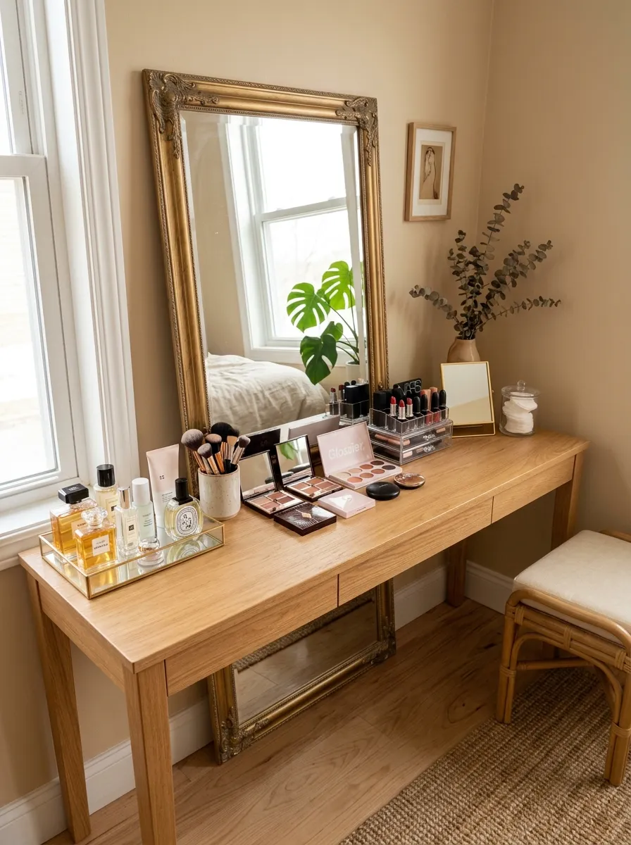 A neatly made bedroom vanity table paired with a full-length mirror leaning against the wall behind it, beautifully arranged makeup and perfume bottles on the table, a small stool tucked to the side, bright natural light, clean and organized composition, real-life photography style, vibrant warm tones.