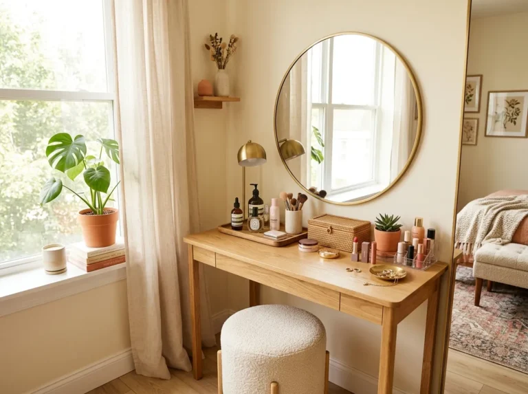 A neatly made bright bedroom corner showcasing a beautifully arranged vanity table with a mirror, organized makeup and skincare items styled on top, a soft stool tucked underneath, clean and organized composition, bright natural light pouring in from a window, real-life photography style, Pinterest-ready aesthetic, vibrant warm color palette.