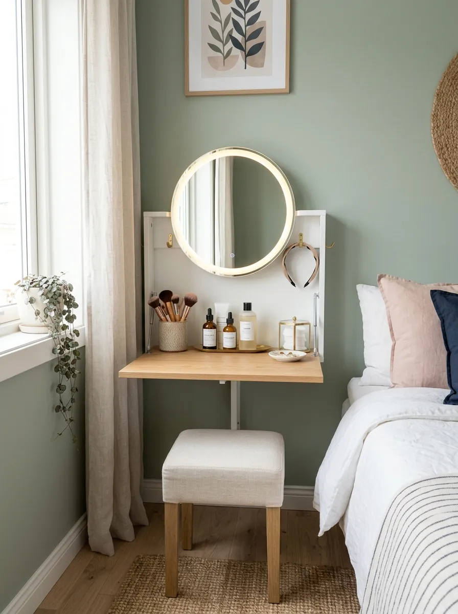 A neatly made small bedroom wall with a folded-down white wall-mounted vanity desk, beautifully arranged makeup brushes and skincare bottles on the open surface, a round mirror with warm LED lighting, bright natural light, clean and organized space, real-life photography style, vibrant fresh colors.